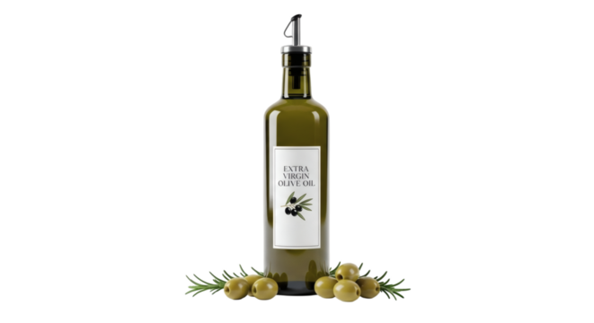 Elegant extra virgin olive oil bottle presentation with fresh olives and rosemary sprigs