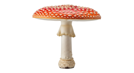 Vibrant fly agaric mushroom with detailed texture and white spots on red cap over black background.