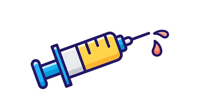 Vibrant medical syringe icon with liquid drops symbolizes healthcare innovation, precise treatment, and essential wellness solutions for modern medical concepts.