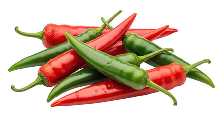 Vibrant pile of fresh red and green chili peppers isolated against a stark black backdrop