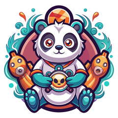 Panda Warrior Holding Joystick with Tribal Swirls in Soft Vector Gradients © Background