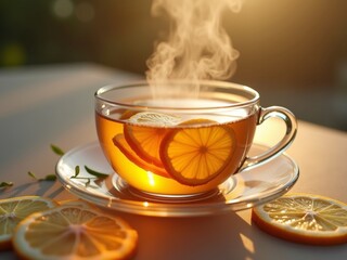 A warm and inviting closeup photograph of a soothing cup of herbal tea in a glass mug, with a slice of citrus. The golden light creates a cozy and relaxing atmosphere perfect for a quiet moment
