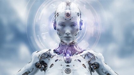 A futuristic robot woman, with intricate details and a soft, thoughtful expression, stands against a soft, light background. - Powered by Adobe