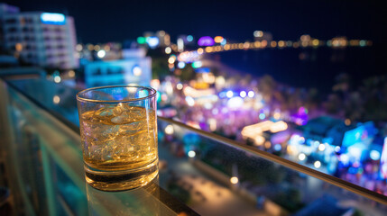 Pattaya Countdown Festival Rooftop Whiskey Glass Nightlife View Party Lights and City Celebration Thailand New Year Event
