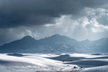 Serene Snowy Landscape Under Dramatic Clouds with Majestic Mountains in Background