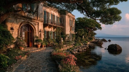 Historic-style residence nestled among sculpted gardens, with the sea stretching out in the distance