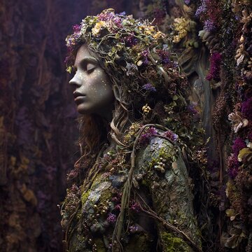 goddess of nature standing in enchanted grove, skin of bark and moss, hair of flowering vines, glowing biol 