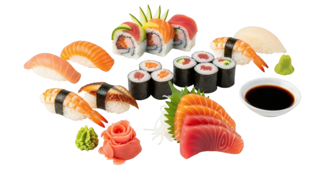 Exquisite sushi selection on black background, beautiful Japanese cuisine presentation and mouthwatering traditional food - Powered by Adobe