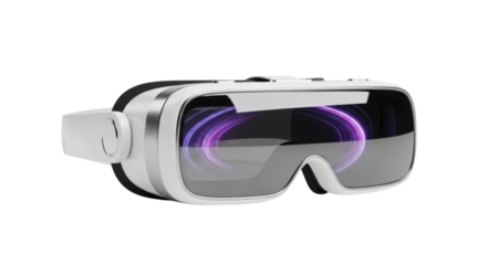 Modern Virtual Reality Headset with Abstract Visualization on Screen against a black background.