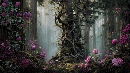 mythical botanical goddess rising among ancient redwoods, body of twisting roots and flowering vines, glowing petals drifting in ambient forest mist, mystical realism style 
