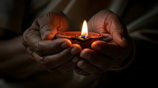 Elderly hands cradle Diwali diya lamp, symbolizing hope, spirituality, tradition. Ideal for religious events, cultural celebrations, mindfulness practices, remembrance, and heritage storytelling.