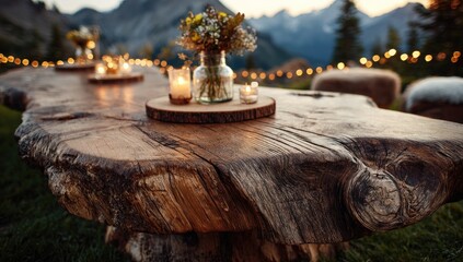 Rustic wooden table with floral centerpiece at sunset