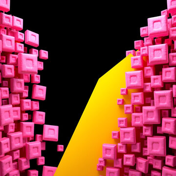 Pink square cells form yellow shutter that rises diagonally and hide black screen. Nanotech abstract concept. 3D animated transition intro with alpha channel as matte mask and chroma key color id.