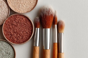 Makeup brushes and eyeshadow palettes arranged on a light gray background.  Several round eyeshadow palettes in beige,  rose, and muted green hues, with a focus on the rose palette in the center. 