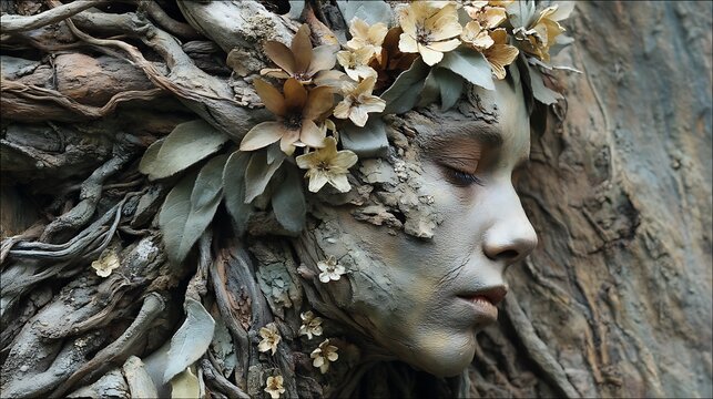 divine forest goddess sculpted from tree bark and leaves, roots flowing into earth, luminous flowers across body, soft ethereal light filtering through ancient forest 