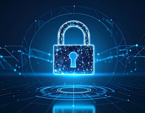 A digital padlock representing security and protection within a futuristic, technological network.
