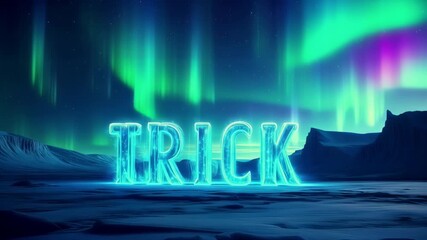 Colorful northern lights illuminating a winter landscape with glowing text in the foreground - Powered by Adobe