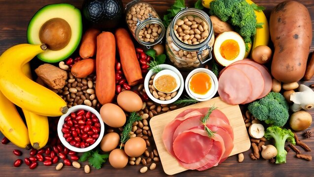 Healthy food assortment with fruits vegetables eggs and meats