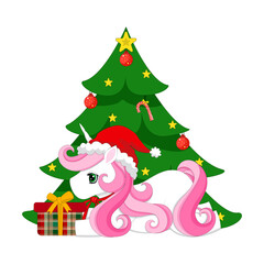 Adorable Unicorn in Santa Hat with Present and Christmas Tree. Christmas Unicorn with Gift under Decorated Christmas Tree. Animal in Santa Claus Costume. Animal in Christmas Theme. Holiday Unicorn.