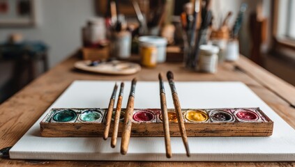 Artistic workspace with paintbrushes and paints. Wooden tray with paint wells and artist's brushes resting on a blank canvas, in front of a cluttered artist's table