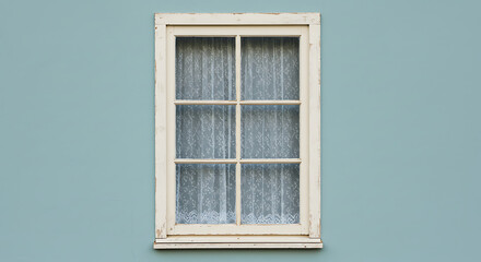 Fototapeta premium A Window with White Frame and Sheer Curtains on a Light Blue Painted Wall, Interior Detail