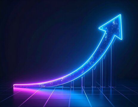 A glowing neon arrow showing upward growth and progress on a dark, futuristic grid background.