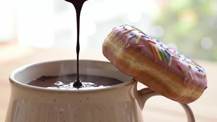 Liquid Chocolate Delightfully Poured into Cream Mug with a Pink Frosted Donut Sprinkled with Color Offering an Indulgent Visuals for Food Advertisements and Sweet Food Decorations
