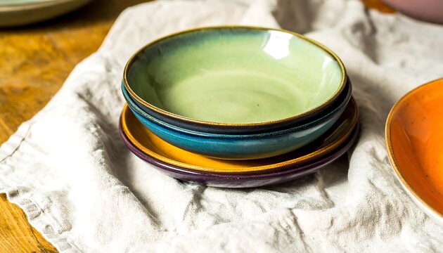 Colorful ceramic bowls stacked on a linen cloth - Powered by Adobe