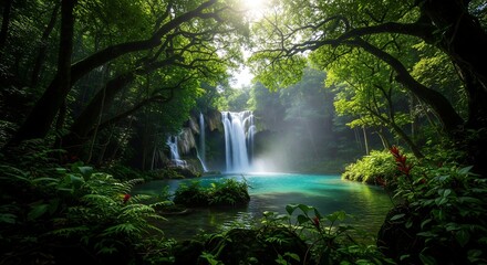 Obraz premium Sunlight piercing through a dense jungle canopy illuminating a stunning waterfall cascading into a vibrant turquoise pool surrounded by lush green foliage.