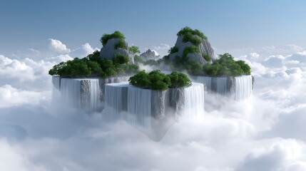 Naklejka premium Floating city islands above the clouds with waterfalls cascading into the sky