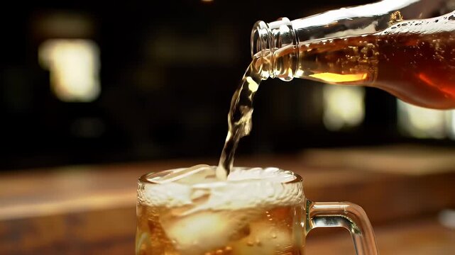 Macro Shot of Pouring Sparkling Amber Liquid Resembling Root Beer Into Glass Mug with Ice Cubes Against Softly Blurred Backdrop for Refreshment Advertisement and Promotion