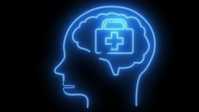 human brain head icon and first aid kit icon with neon effect