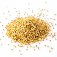 Close-up of little millet grains isolated on a white background, showing their small, round shape