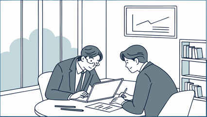 Business meeting illustration of two coworkers collaborating on project in office with laptop and documents
