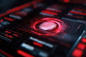 Futuristic Digital Interface with Red Fingerprint and Data Visualization Elements for Secure Identification