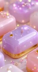 Soft pastel candies sprinkled with stars, with golden bases and bokeh light