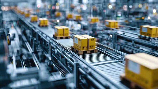 Automated conveyor system transporting yellow packages pallets modern warehouse with efficient logistics, industrial transport, and automation