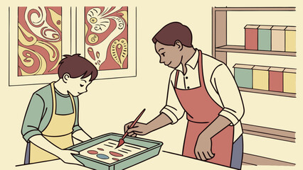 Illustration of art class with students painting abstract designs in a studio art education setting of art