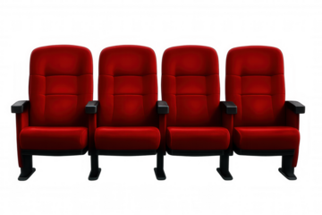Comfortable red velvet seats are waiting for the audience in an empty cinema or theater, with transparent background