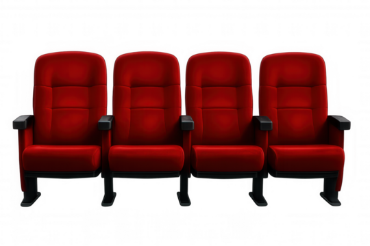 Comfortable red velvet seats are waiting for the audience in an empty cinema or theater, with transparent background