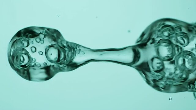Merging Water Spheres Connected by a Thin Stream with Bubbles Under Cyan Background Eye Level Shot Perfect for Demonstrating Scientific Experiment or Conceptual Theme Close Up Video - Powered by Adobe