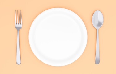 3Dイラスト_皿とカトラリー_オレンジ