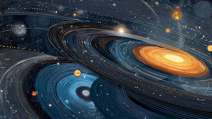 grand cosmic figure charting unseen celestial paths, surrounded by swirling galaxies and luminous planetary arcs, ethereal light flowing through translucent form, conceptual space art 