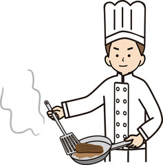 フライパンでステーキを焼く男性コック