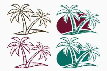 set of Minimal line icon of tropical palm tree, vector, isolated on white background