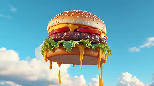 Giant burger floating in the sky, rainbow dripping cheese, surreal viral food fantasy, dreamlike delicious exaggeration