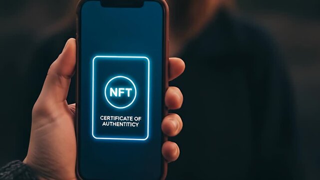 Mobile Phone Displays NFT Certificate of Authenticity Digital Asset
