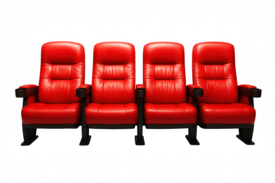 Red leather cinema seats standing vacant, highlighting empty performance venue space against transparent backdrop