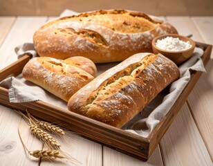 Fototapeta premium Freshly Baked Bread on Wooden Tray