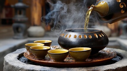 Traditional Chinese Yellow Wine Being Warmed and Served in Cups